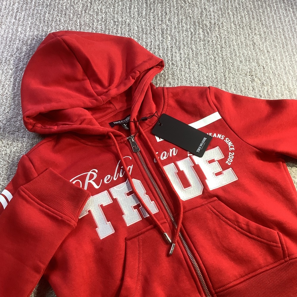 True Religion Salsa Red Embroidered Shrunken Zip Hoodie‎ Womens Size Small NWT
